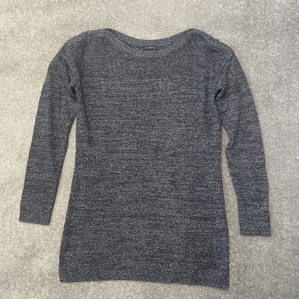 Talbots Sweater Womens XS Blue White Long Tunic Button Shoulder Knit Casual